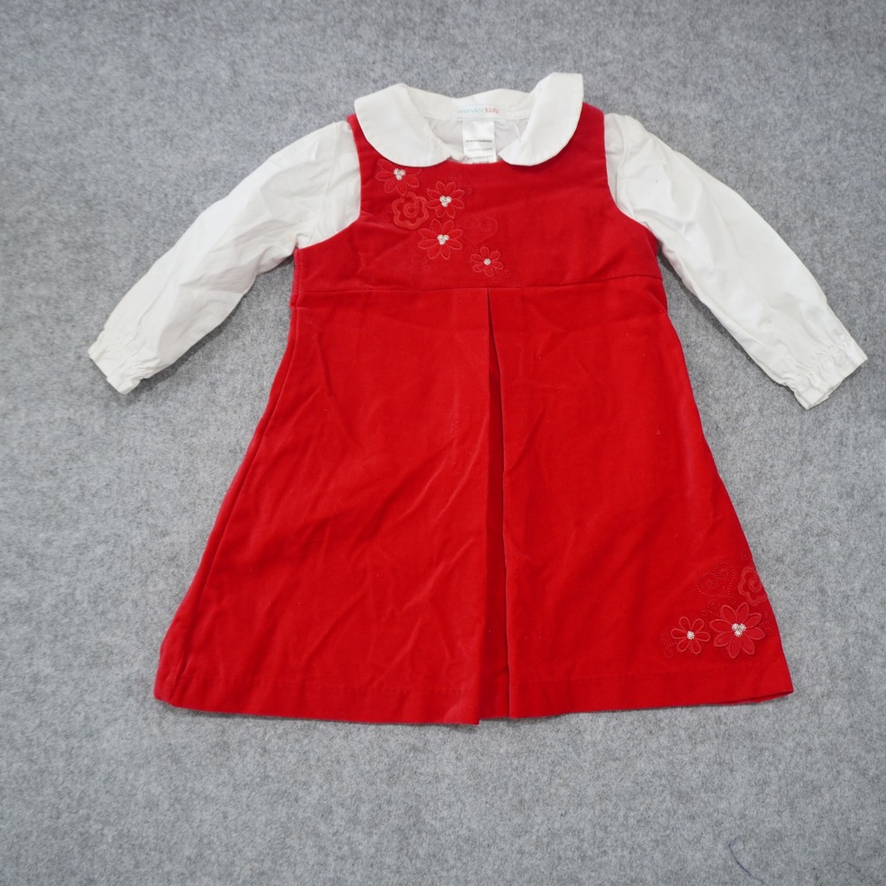 Wonder Kids 18M Dress Set Baby Girl Red White Corduroy Floral Peter Pan Collar